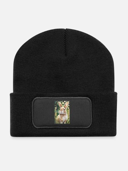 Kuschelhase auf der Wiese moderner Stil Malerei - Recycelte Patch Beanie - Schwarz