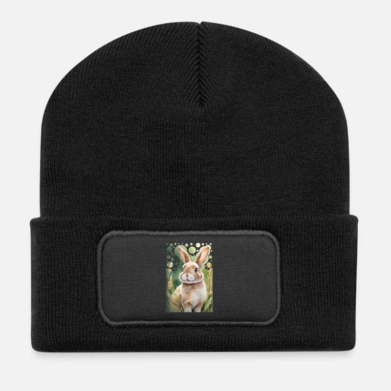 Peinture moderne de type « Lapin câlin sur la prairie » - Beanie recyclé à patch - noir
