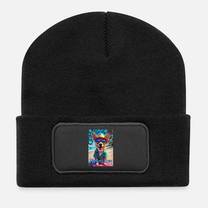 Lustiger Hund mit Brille beim Surfen Strandurlaub - Recycelte Patch Beanie - Schwarz