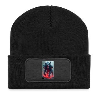 Cerberus, dreiköpfiger schwarzer Hund, leuchtende Augen - Recycelte Patch Beanie - Schwarz - Vorne