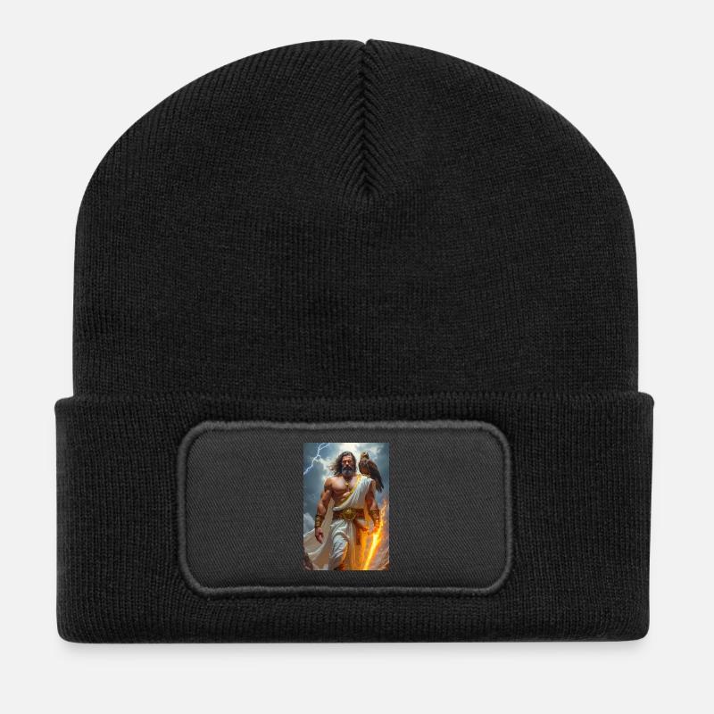 Zeus, bärtiger Gott, der einen Blitz hält, Sturm - Recycelte Patch Beanie - Schwarz