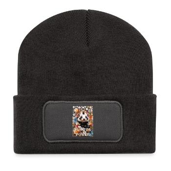 Hippie Flower Power süßes Stinktier im Blütenmeer - Recycelte Patch Beanie - Dunkelgrau - Vorne
