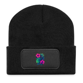 Tropische Blumenpracht – Exotische Hibiskus & Mons - Recycelte Patch Beanie - Schwarz - Vorne