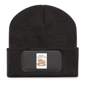 Avec vous, le monde est plus doux - Loutre Kawaii mignonne - Beanie recyclé à patch - charbon - Devant