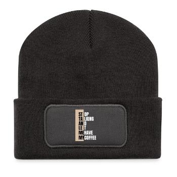 Stop talking – need coffee first - Recycelte Patch Beanie - Dunkelgrau - Vorne