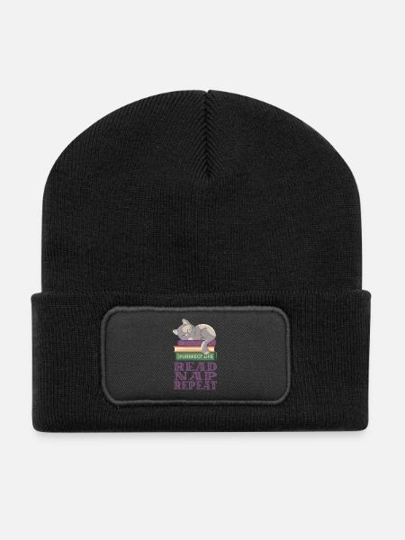 Cute cat on books taking a nap - Recycled Patch Beanie - black