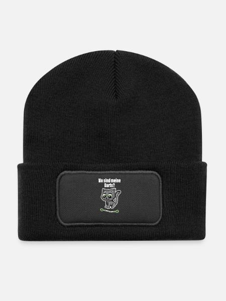 Cute cat is looking for her darts! Perfect for darts fans - Recycled Patch Beanie - black