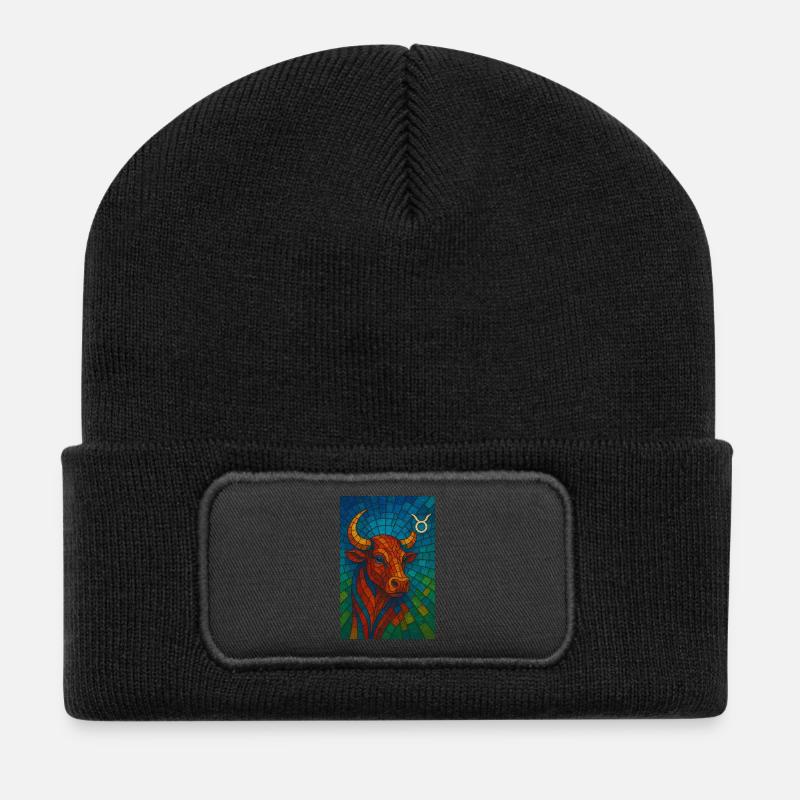 Taurus Stier – Buntes Glasmosaik Sternzeichen - Recycelte Patch Beanie - Schwarz