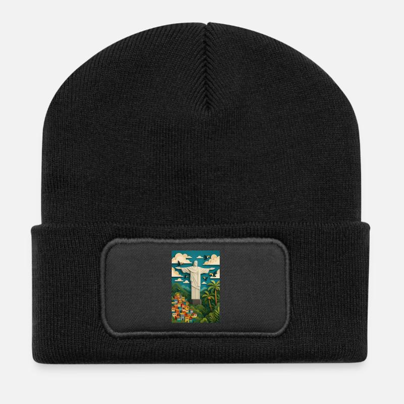 Christus Statue in tropischer Kulisse/Rio  - Recycelte Patch Beanie - Schwarz