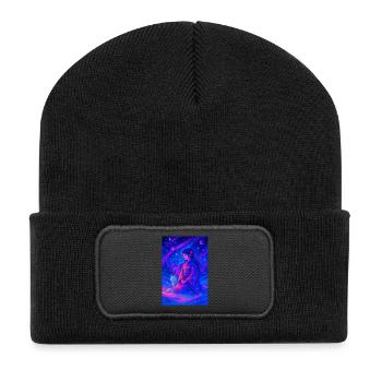 "Yukionna & der weiße Fuchs – Neonträume im Schnee - Recycelte Patch Beanie - Schwarz - Vorne