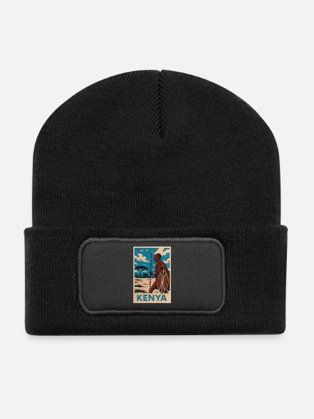 Kenya Maasai Warrior Nature Illustration - Recycelte Patch Beanie - Schwarz