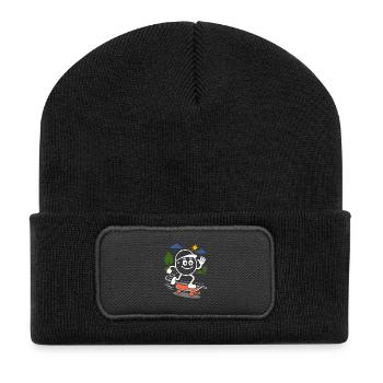 Ribbo auf dem Skateboard - Recycelte Patch Beanie - Schwarz - Vorne