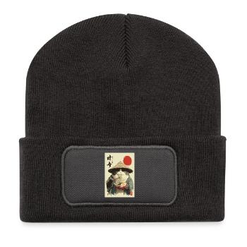 Samurai Cat Eating Ramen - Recycled Patch Beanie - dark grey - Front