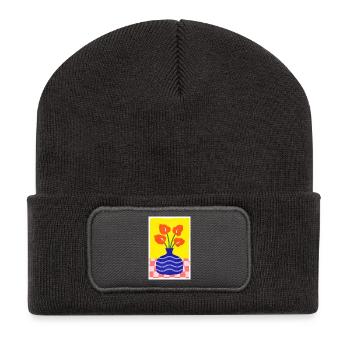 Abstract Art Blue Pot and Flower Retro Style - Recycled Patch Beanie - dark grey - Front