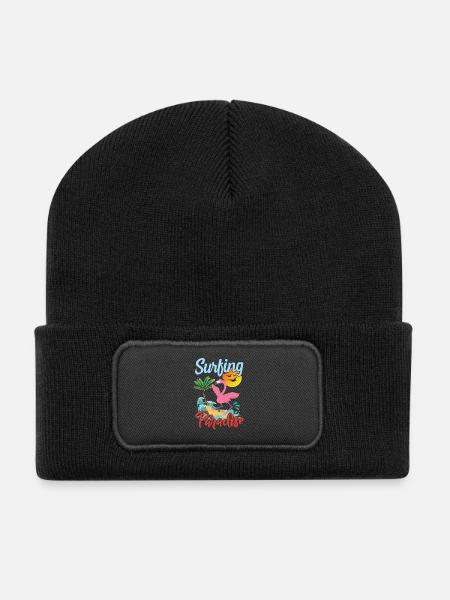 Surfing Flamingo Sunset Design - Recycled Patch Beanie - black