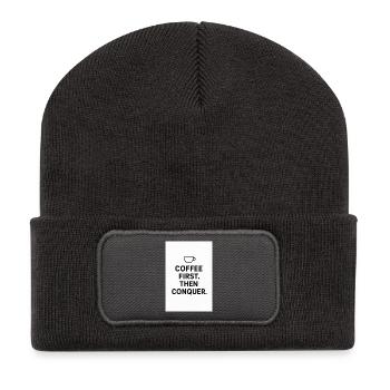 Coffee first. Then conquest. - Recycled Patch Beanie - dark grey - Front