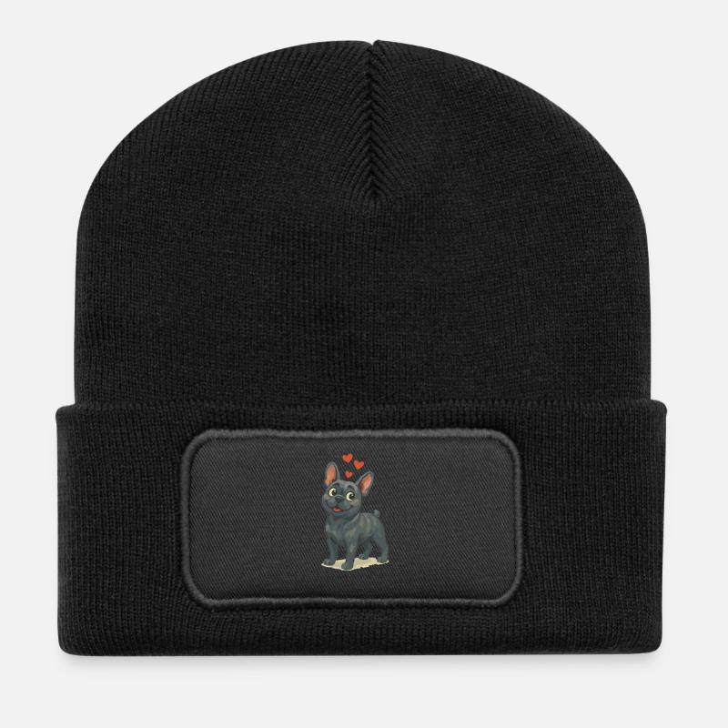 Verliebte Bulldogge Cartoon Herzen - Recycelte Patch Beanie - Schwarz