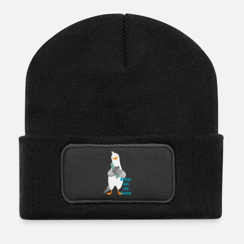 "Butter to the fish" – Funny seagull with fish - Recycled Patch Beanie - black