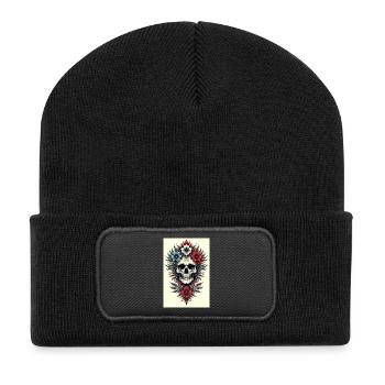 Blumen-Skull Tattoo Stil - Recycelte Patch Beanie - Schwarz - Vorne