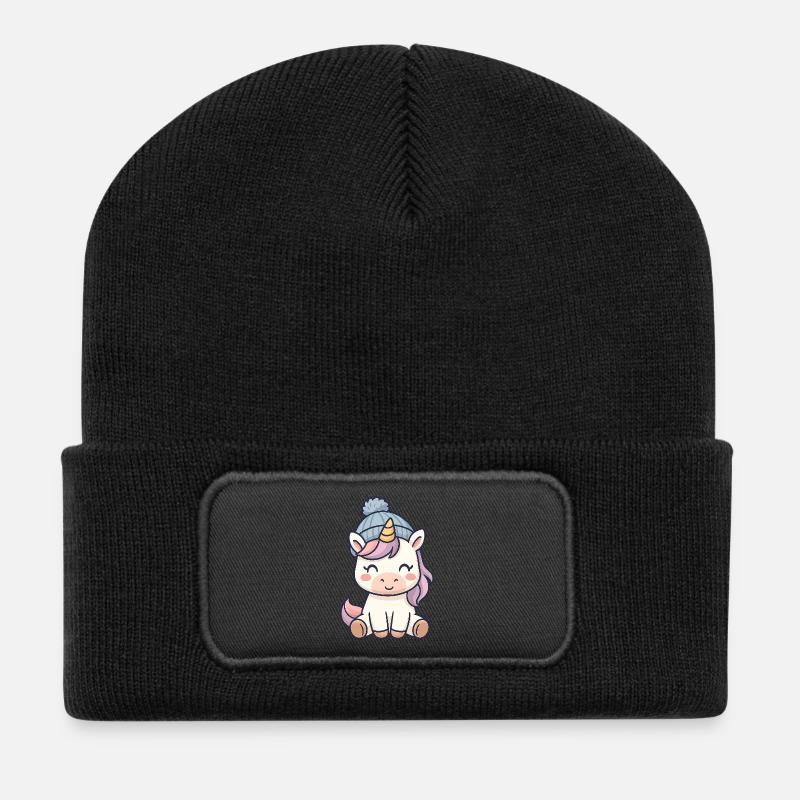 Kuscheliges Einhorn mit Mütze - Recycelte Patch Beanie - Schwarz