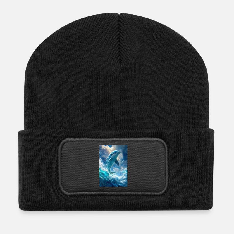 Illustration eines Delfins - Recycelte Patch Beanie - Schwarz