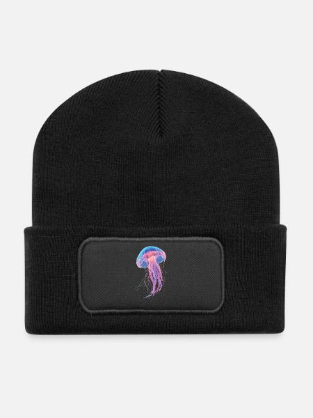 Regenbogen-Neonquallen - Recycelte Patch Beanie - Schwarz