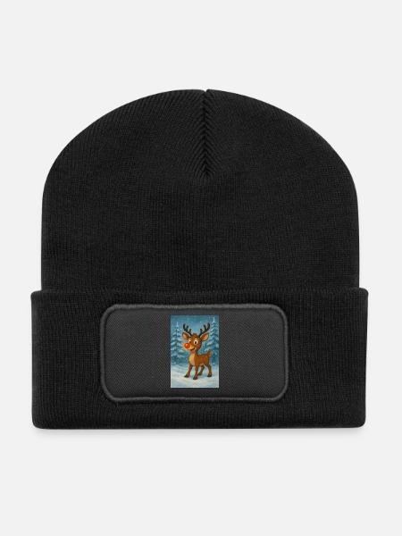 Rentier mit roter Nase im Winterwald - Recycelte Patch Beanie - Schwarz