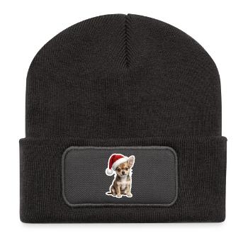 Chiot chihuahua avec chapeau de Noël - Beanie recyclé à patch - charbon - Devant