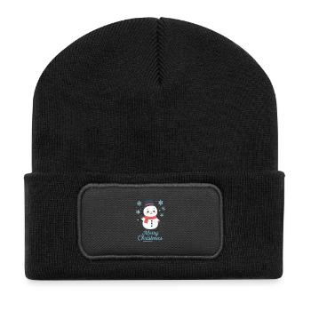 Schneemann mit Schal – Merry Christmas - Recycelte Patch Beanie - Schwarz - Vorne