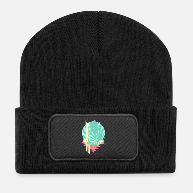 Strand Palmen Meer Banner - Recycelte Patch Beanie - Schwarz