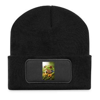 Green frog in sunshine eyes - Recycled Patch Beanie - black - Front
