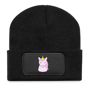 Süßes Einhorn mit geschlossenen Augen - Recycelte Patch Beanie - Schwarz - Vorne