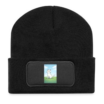 Weiße Katze mit frechen Blick - Recycelte Patch Beanie - Schwarz - Vorne