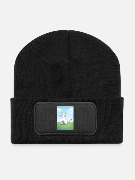 White cat with a cheeky look - Recycled Patch Beanie - black