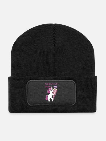 Einhorn mit Zuckertüte Einschulung Schulkind 2026 - Recycelte Patch Beanie - Schwarz