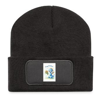 Blauer Drache mit Blumenstrauß - Recycelte Patch Beanie - Dunkelgrau - Vorne