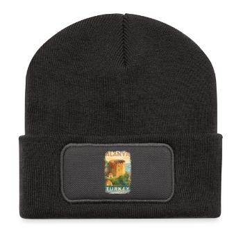Alanya Turkey – Watercolor Travel Poster Red Tower - Recycled Patch Beanie - dark grey - Front