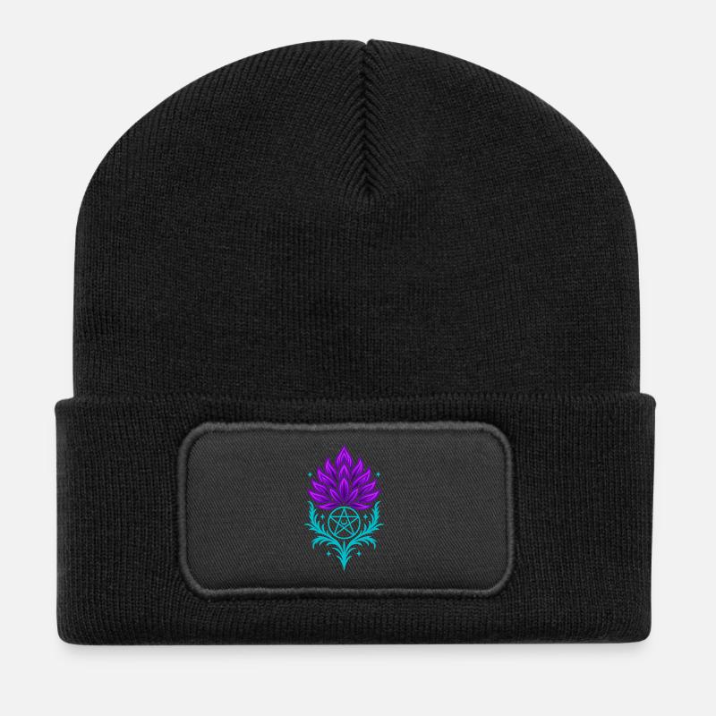 Distel mit Pentagramm - Spirituelles Symbol - Recycelte Patch Beanie - Schwarz