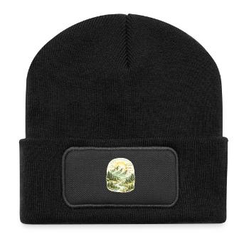 Bergpanorama Morgenlicht Waldfluss - Recycelte Patch Beanie - Schwarz - Vorne
