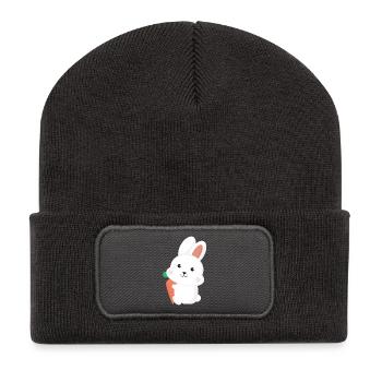 Cute White Bunny Rabbit Holding Carrot Cartoon Art - Recycled Patch Beanie - dark grey - Front