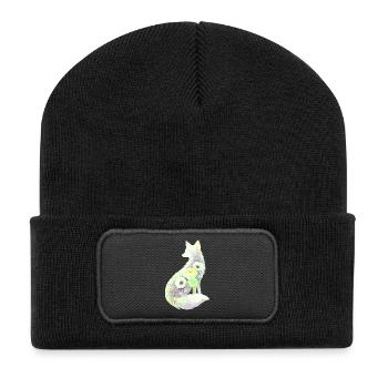 Fuchs Silhouette Aquarell Blumen - Recycelte Patch Beanie - Schwarz - Vorne