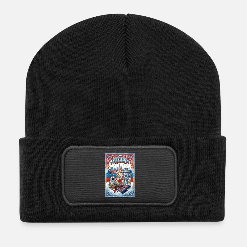 Russian Matryoshka and Samovar - Recycled Patch Beanie - black