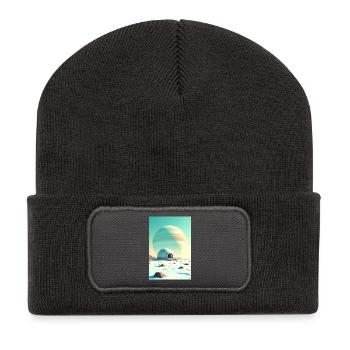 Retro futuristische Weltraumlandschaften 1960er Jahre Ästhetik - Recycelte Patch Beanie - Dunkelgrau - Vorne
