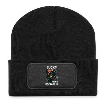 Lucky, Wild & Rockabilly: Schwarze Retro Katze - Recycelte Patch Beanie - Schwarz - Vorne
