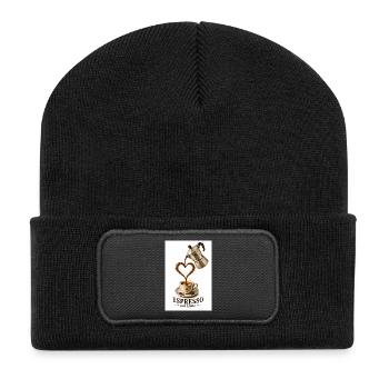 EspressoHerz aus Liebe - Recycelte Patch Beanie - Schwarz - Vorne
