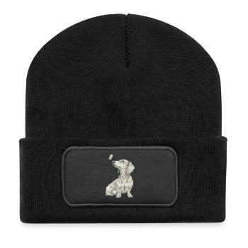Dackel mit Schmetterling Profil Skizze Banksy Stil - Recycelte Patch Beanie - Schwarz - Vorne