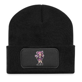 Kawaii Anime Mädchen mit Kopfhörer - Recycelte Patch Beanie - Schwarz - Vorne