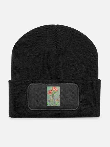 Zwei rote Rosen in einer Vase - Recycelte Patch Beanie - Schwarz