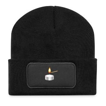 light a small tea light with match - Recycled Patch Beanie - black - Front