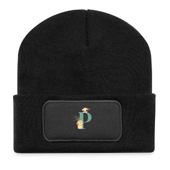 Buchstabe p grüne Dschungeltiere - Recycelte Patch Beanie - Schwarz - Vorne